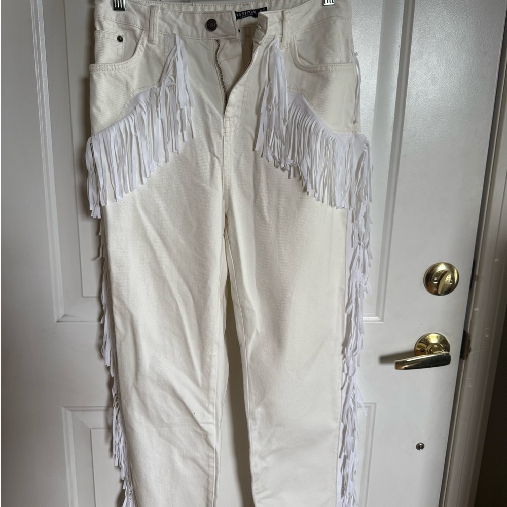 Nasty Gal Cream Fringe Jeans